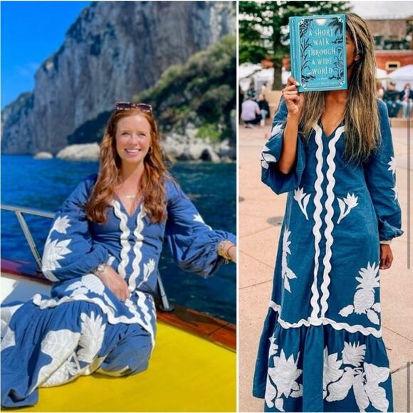 Farm Rio Embroidered Long Sleeve Linen Blue White Applique Maxi Dress - Picture 4 of 12